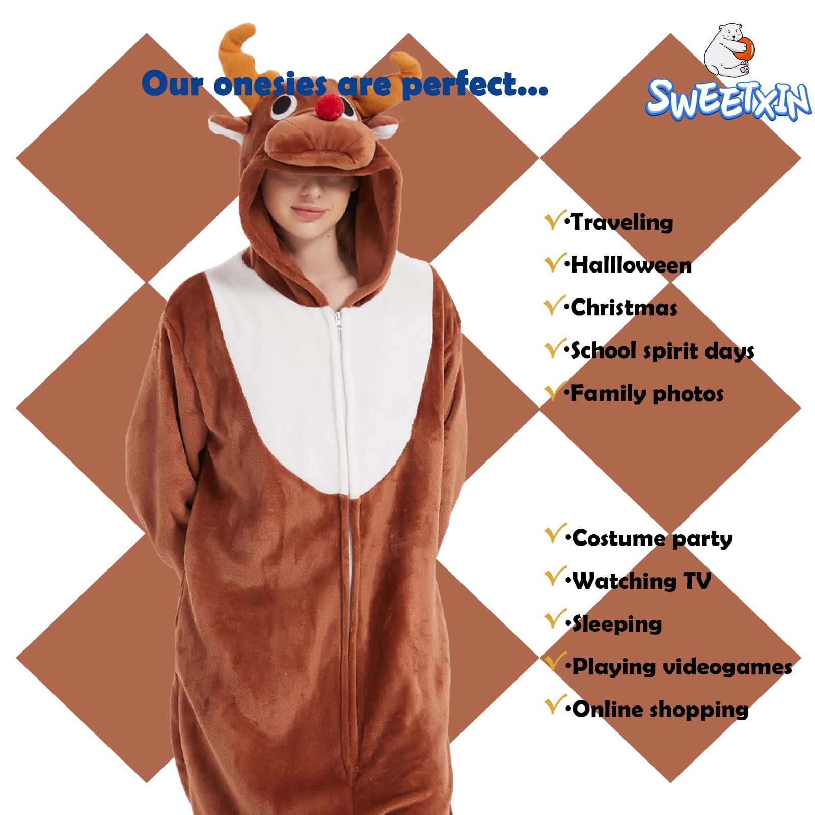 SWEETXIN Adult Christmas Reindeer Unisex Onesie Pajamas Halloween Cosplay Costume Suit for Women and Men SizeM