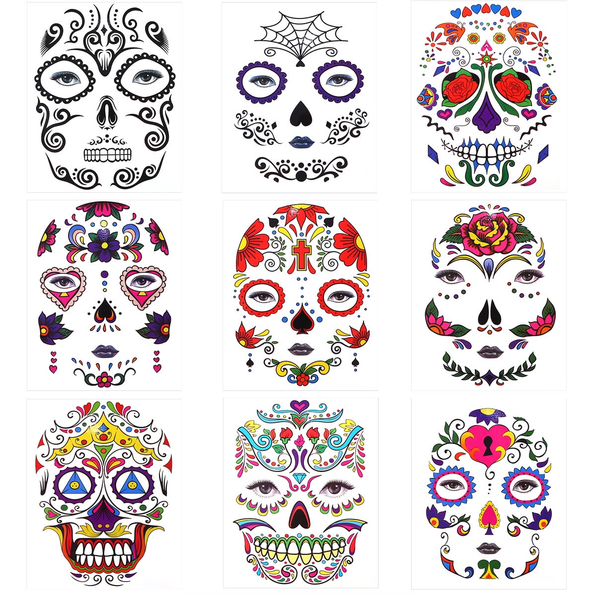 Hemoton 9Pcs Halloween Temporary Face Tattoos Skull Floral Temporary