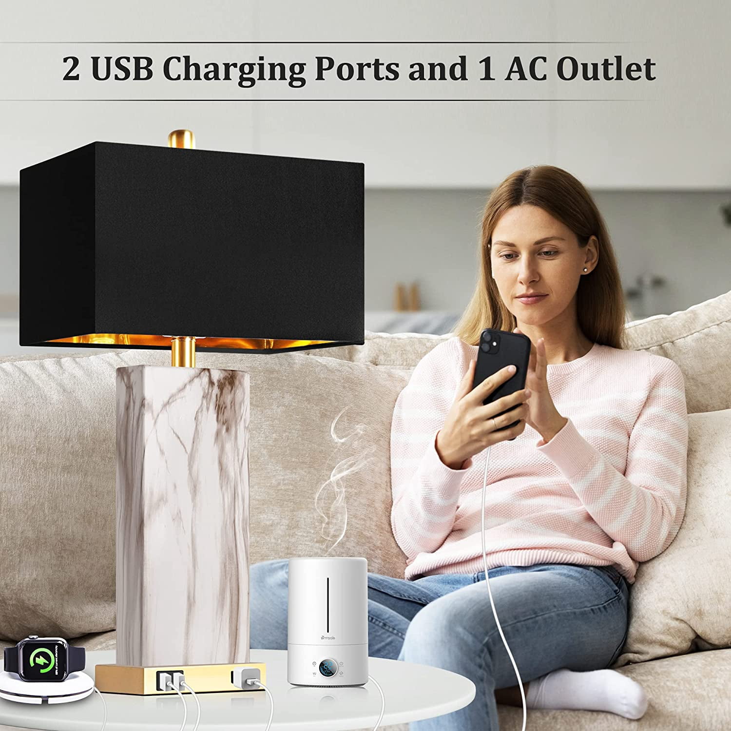 Partphoner Modern Ceramic Touch Control Table Lamp Set of 2 with 2 USB Ports, 3-Way Dimmable