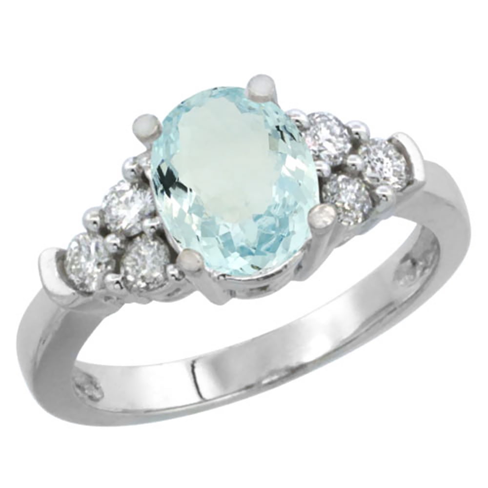 10K White Gold Natural Aquamarine Ring Oval 9x7mm Diamond Accent, size 5 by Gabriella Gold