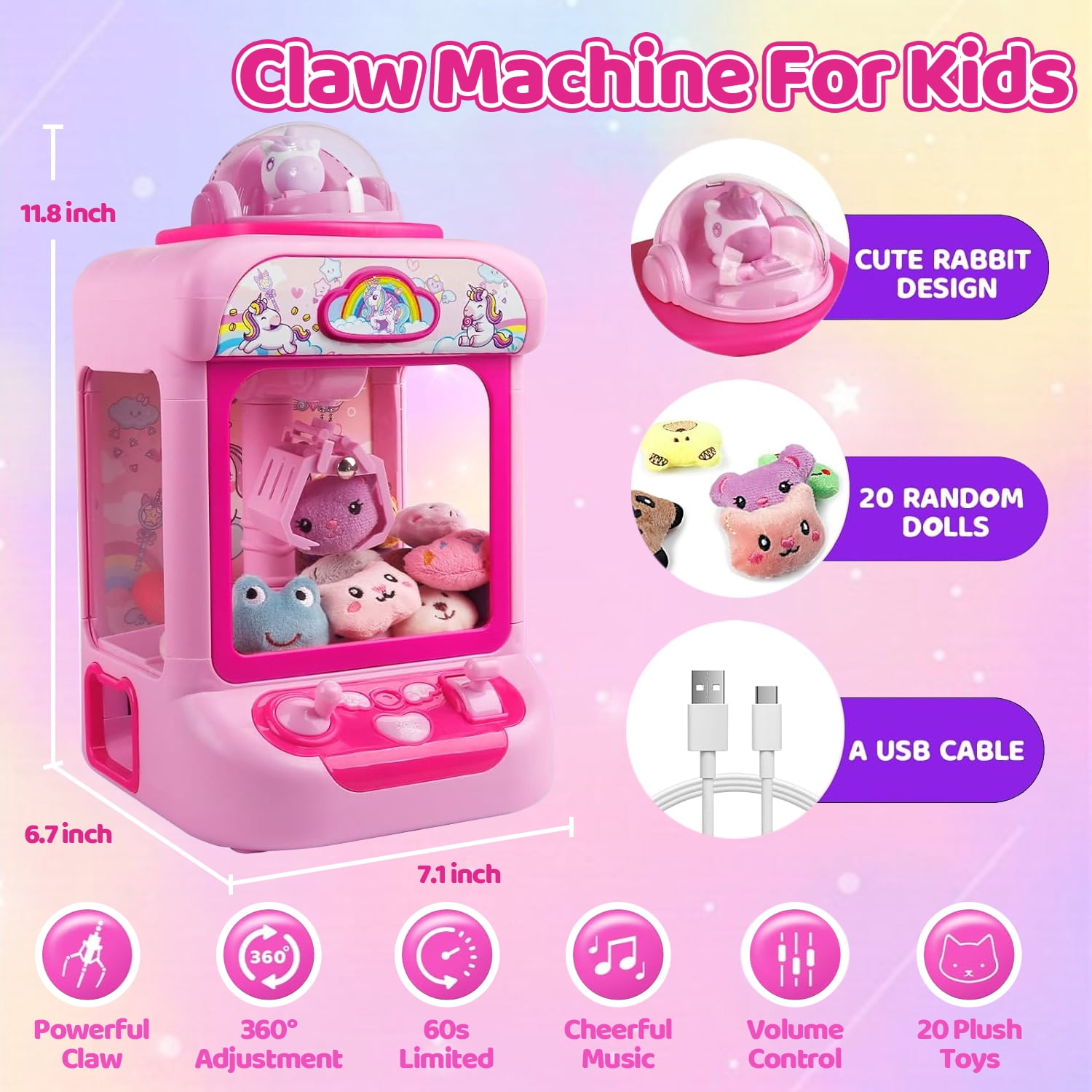 Liegorji Unicorns Claw Machine Set Toys, Mini Arcade Candy Vending Machine with 20 Stuffeds Toys, Birthday Party Gifts for Age 3 4 5 6 7 8