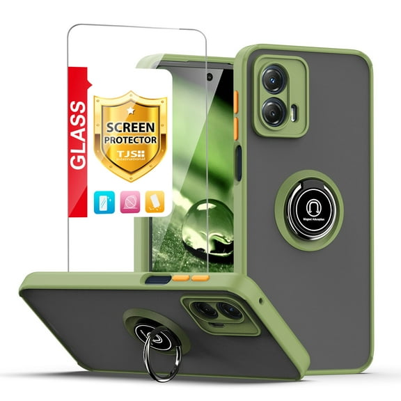 TJS for Motorola Moto G 5G 2023 Phone Case, with Tempered Glass Screen Protector, 360 Degrees Rotating Metal Ring Magnetic Support Kickstand Cover for Moto G 5G 2023 (Green)