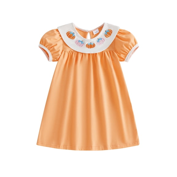 RUINIXCW Kids Toddler Baby Girl Halloween Dress Little Baby Girl Summer Fall Dress Clothes Pumpkin Embroidery Collar Puff Short Sleeve Dress