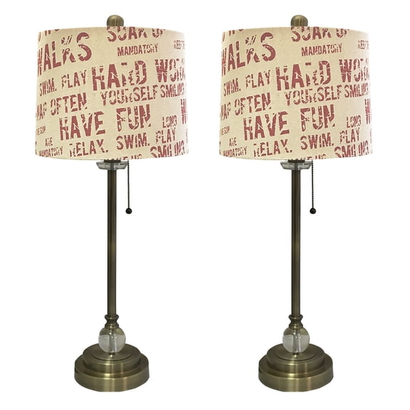 Royal Designs 28" Crystal and Antique Brass Lamp with Cream and Red Relaxing Phrase Print Drum Hardback Lamp Shade, Set of 2