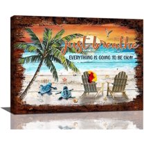 Beach Bathroom Wall Art Beach Sea Turtle Palm Pictures Wall Decor Ocean Coastal Sunrise Just Breathe Canvas Prints Artwork Paintings Home Decoration For Living Room Bedroom Framed 16"x12"