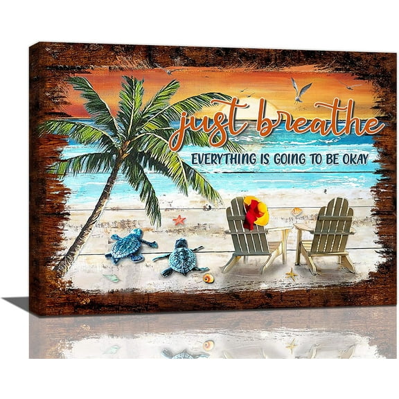 Beach Bathroom Wall Art Beach Sea Turtle Palm Pictures Wall Decor Ocean Coastal Sunrise Just Breathe Canvas Prints Artwork Paintings Home Decoration For Living Room Bedroom Framed 16"x12"