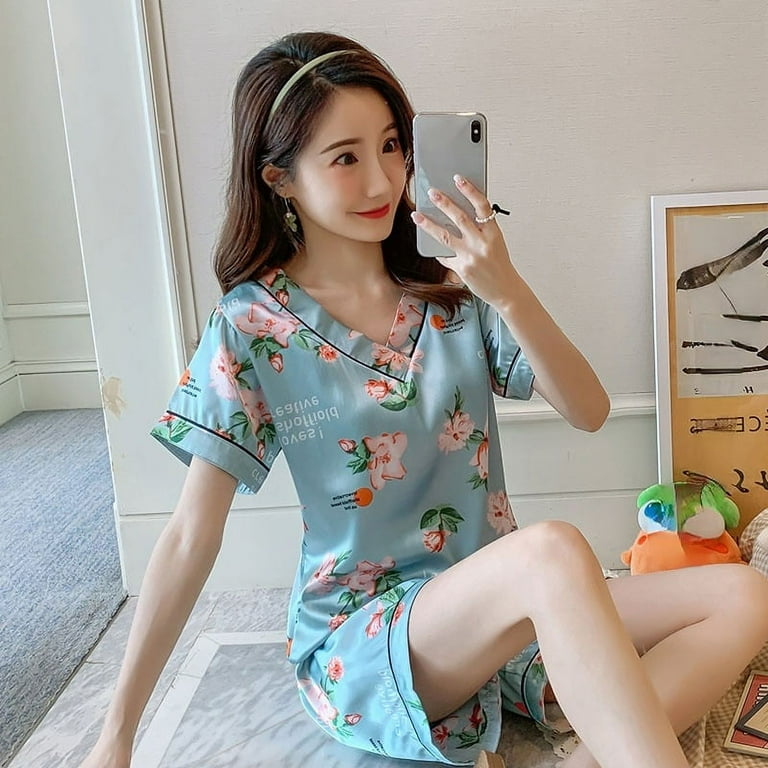 DanceeMangoo WAVMIT Short Sleeve Pajamas Silk Set 2 Pcs Women Set Sleepwear Shirt Nightwear for Women Top Pant Home Wear Young Girl Pyjamas