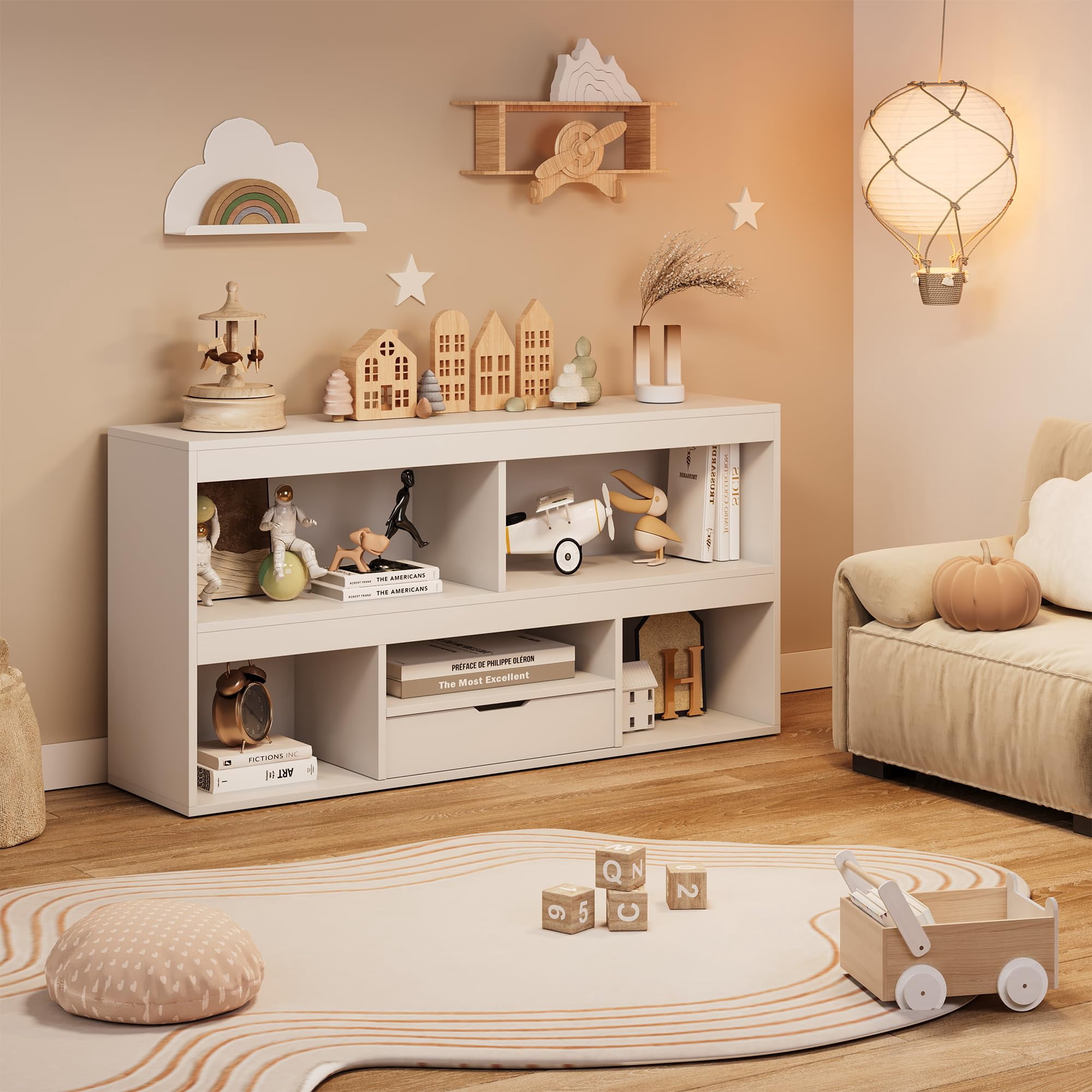 TROPOW IDEALHOUSE Toy Storage Organizer 5 Cubes Kids Bookshelf with Drawer Wooden Storage Cabinet Playhouse Shelves Cabinet for Boys Girls Toy Bookcase Playroom, Classroom, Nursery, Kids Room