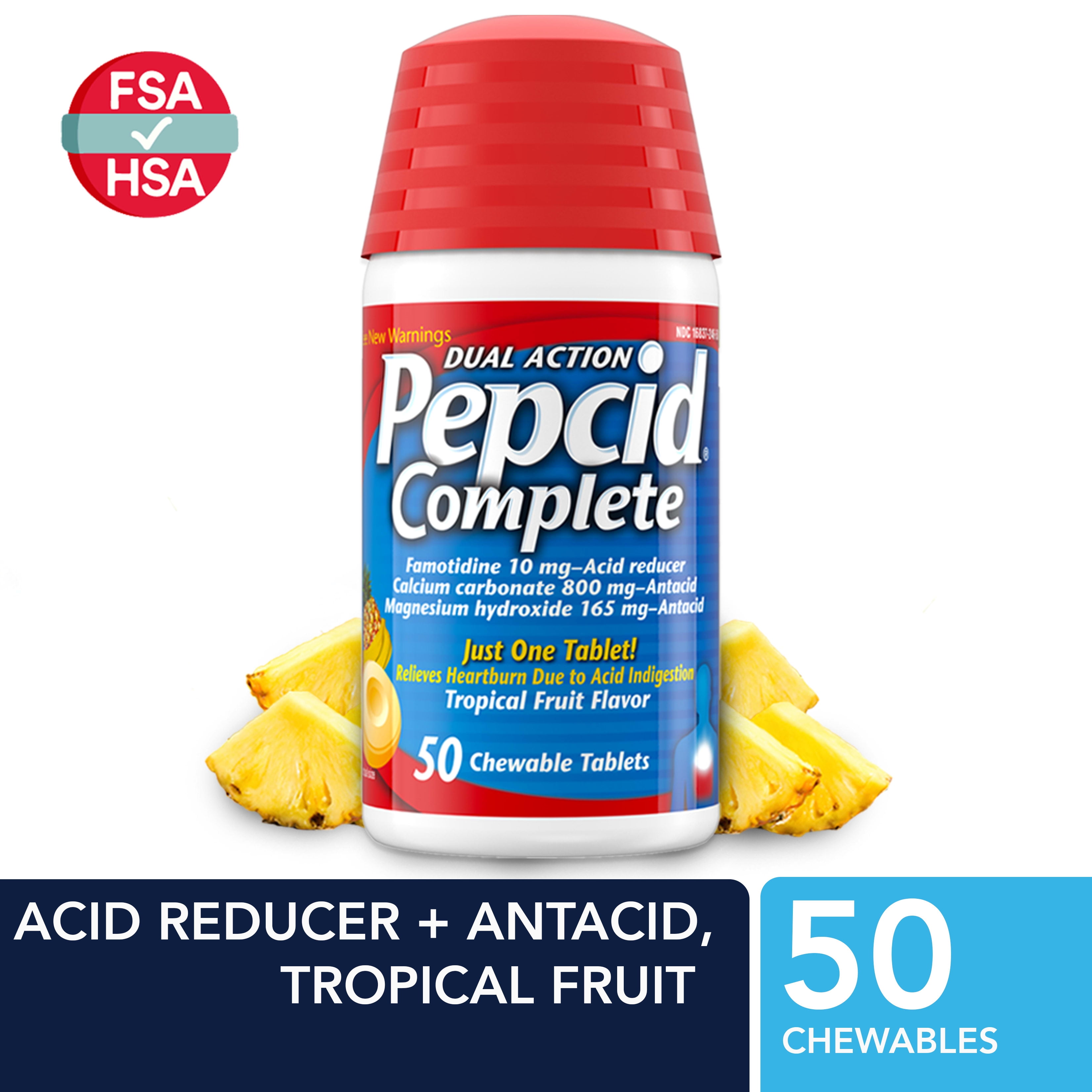 Pepcid Complete Acid Reducer + Antacid Chews, Tropical Fruit, 50 Ct