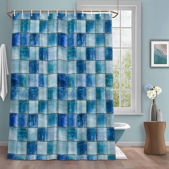Shower Curtain for Bathroom Abstract Blue Teal Buffalo Check Waterproof Bath Curtains Shower Curtains with Hooks,Square Glass Tiles Bathroom Curtain Privacy Drapes for Bathtubs Toilet 72x72in