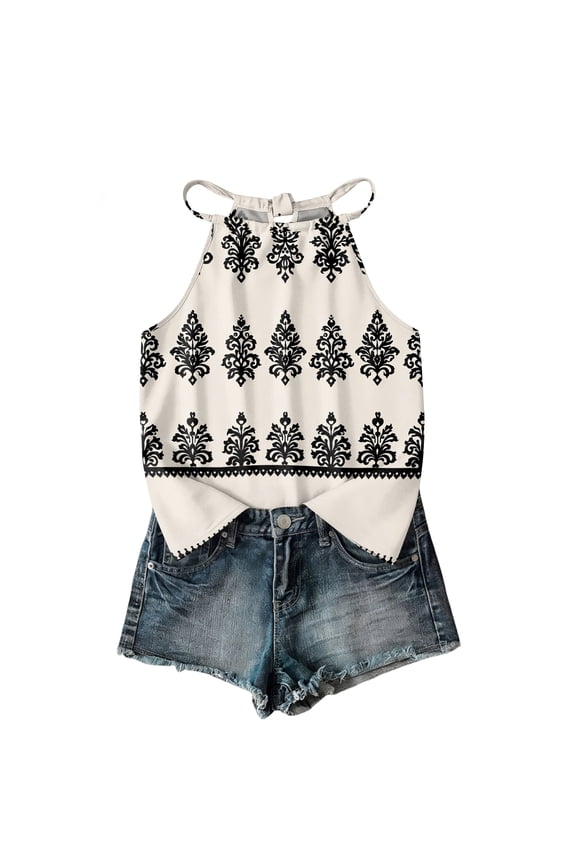 Womens Halter Tops Back Bow Tie Sleeveless Blouse Casual Loose Fit Keyhole Back Bohemian Print Camisole for Daily Wear Beige XL