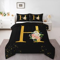 Homewish Teens Initial Letter H Bedding Comforter Set, Watercolor Flower Floral Twin Comforter Sets, Romantic Monogrammed Reversible Bedding Set, Luxury Bedroom Decor, 2pcs