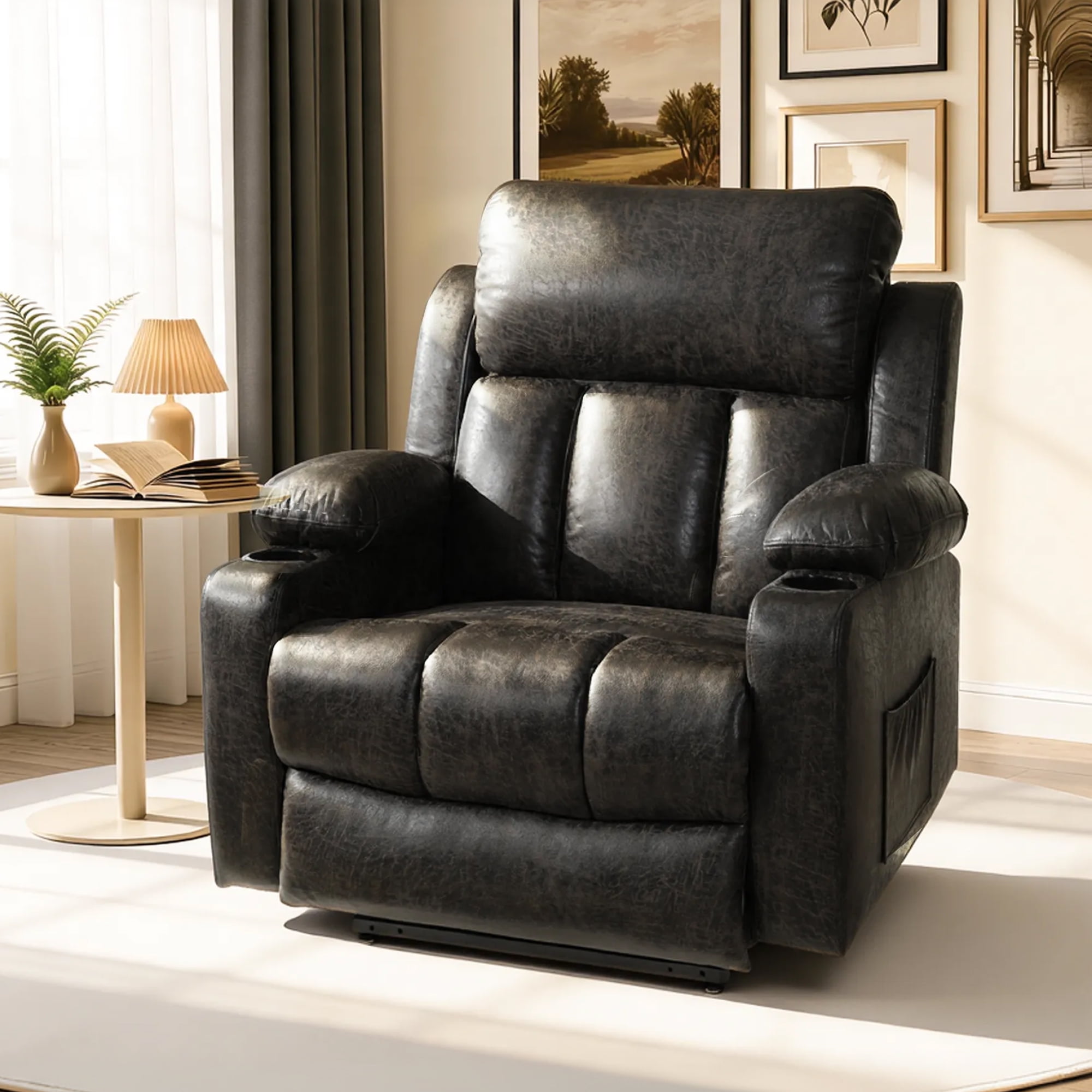FLEXISPOT Power Lift Recliner Chair with Massage & Heat, Dual Motor Electric Lift Chair, Wide Seat Faux Leather Reclining Chair for Elderly, Soft Upholstered, Infinite Position, Living Room, L Size