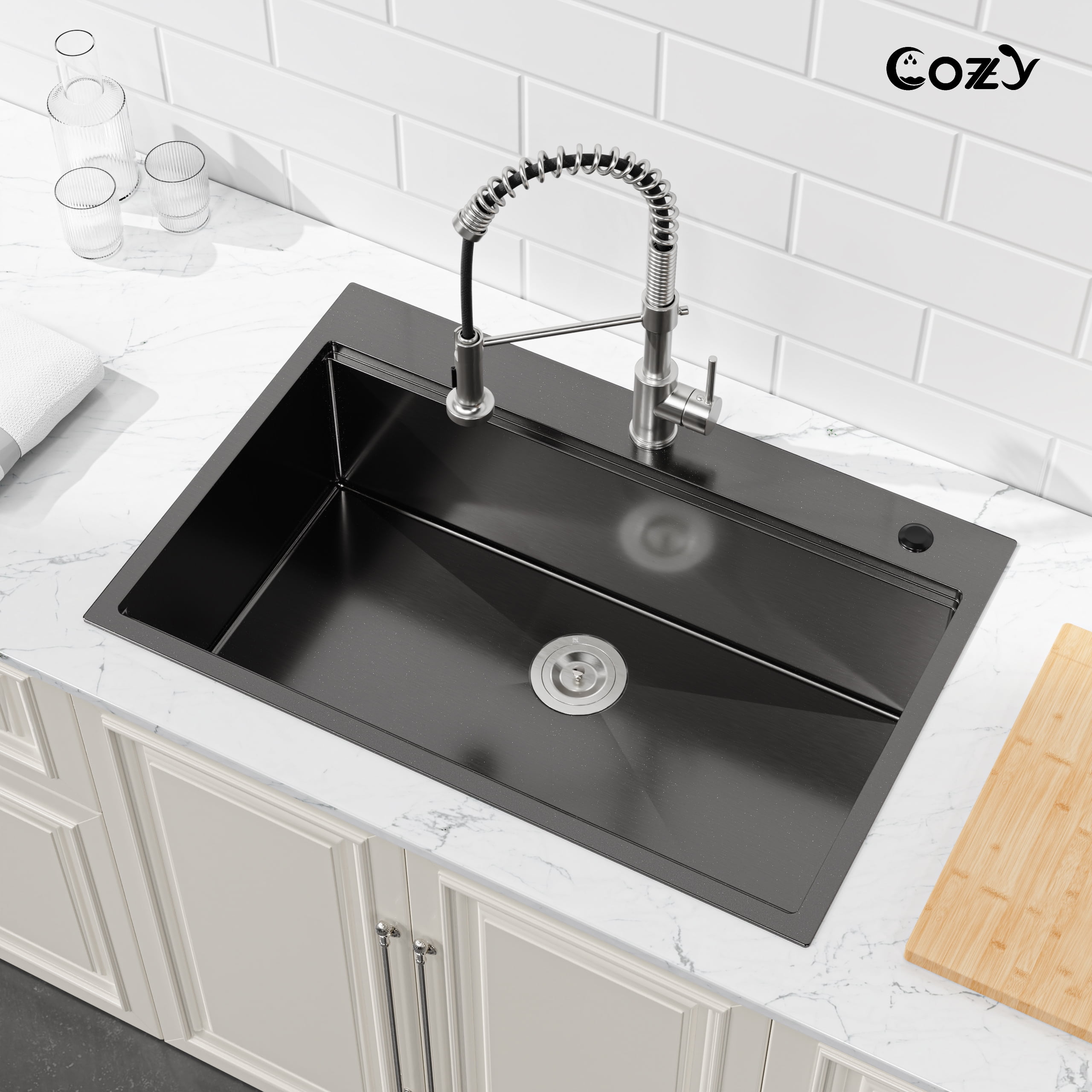 COZY Stainless Steel Kitchen Sink, Single Bowl, Overmount Handmade Sink, with US Standard Drain and Hook.