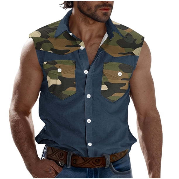 Camisas de Cuello para Hombres, Moda Casual Día de la Independencia Imprimir Turndown Bolsillos sin Mangas Tanque Deportivo