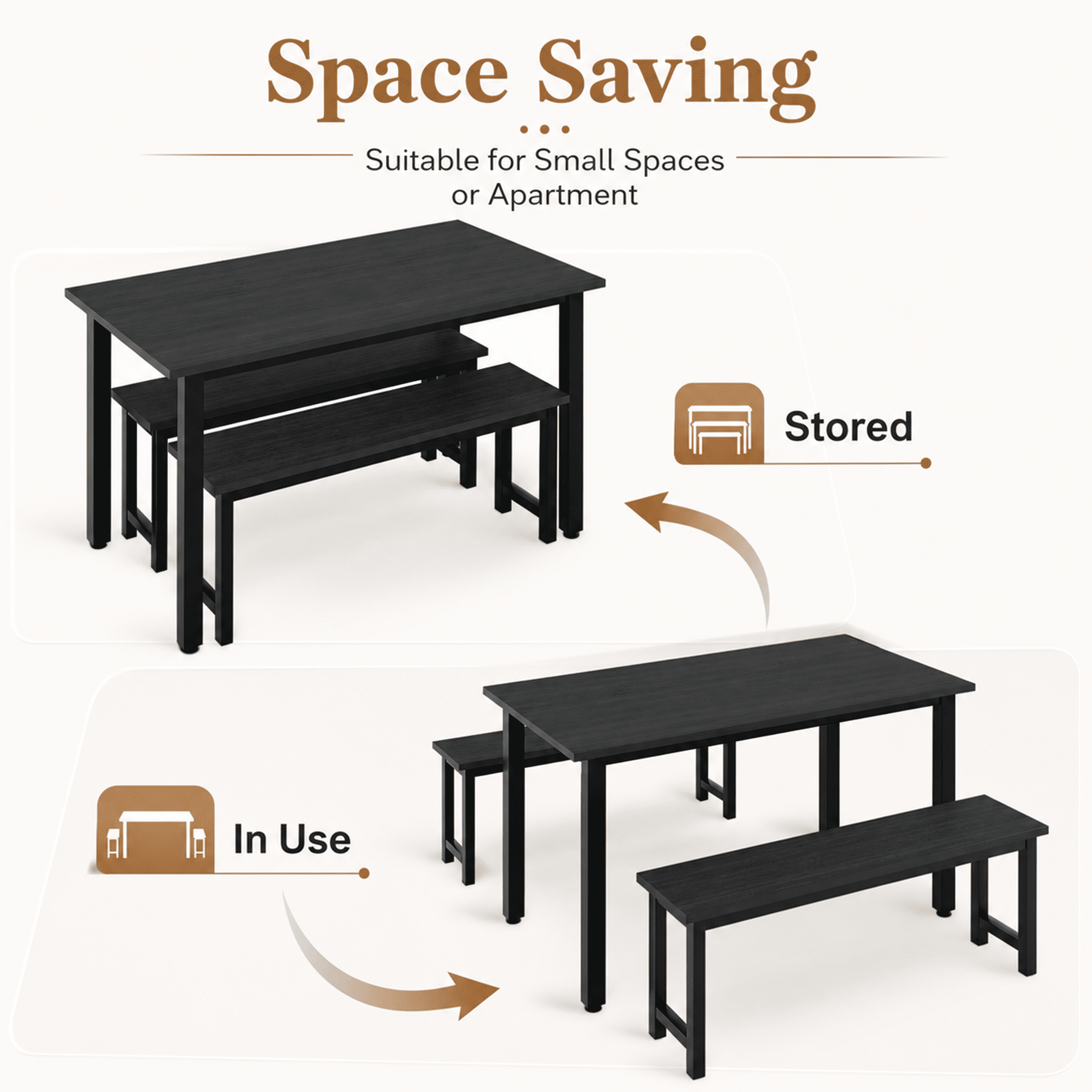 UHOMEPRO Dining Table Set for 4, Kitchen Table with 2 Benches, Modern Dining Room Table Set with Metal Frame, Breakfast Nook Furniture Set for Home Cafeteria Bar Kitchen, Black