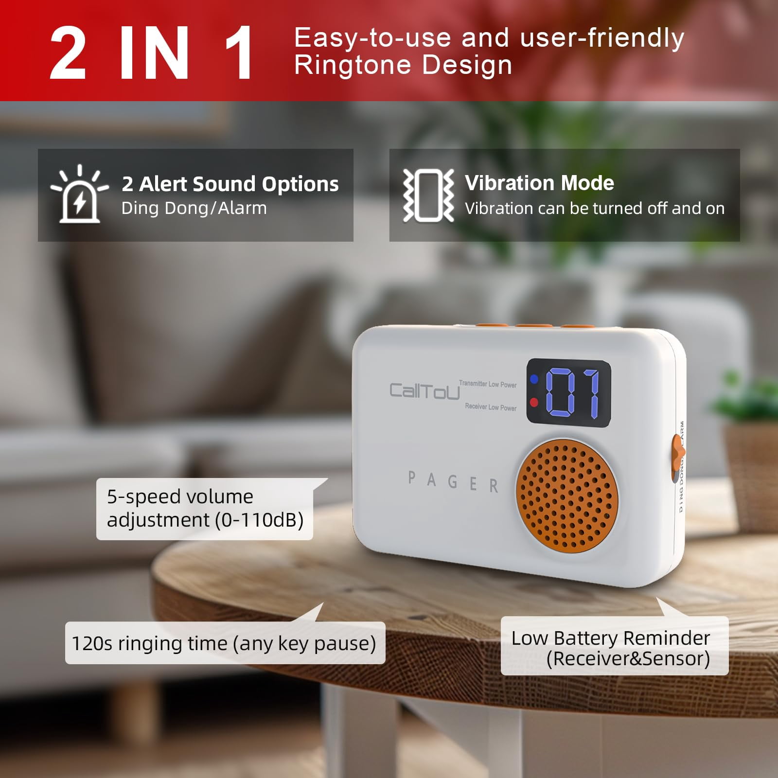 CallToU Portable Door Chime with 4 Door Sensors and 1 Receiver, 500ft Range, 2 Chime Tones & Adjustable Vibration, Entry Alert for Home, Office, or Business