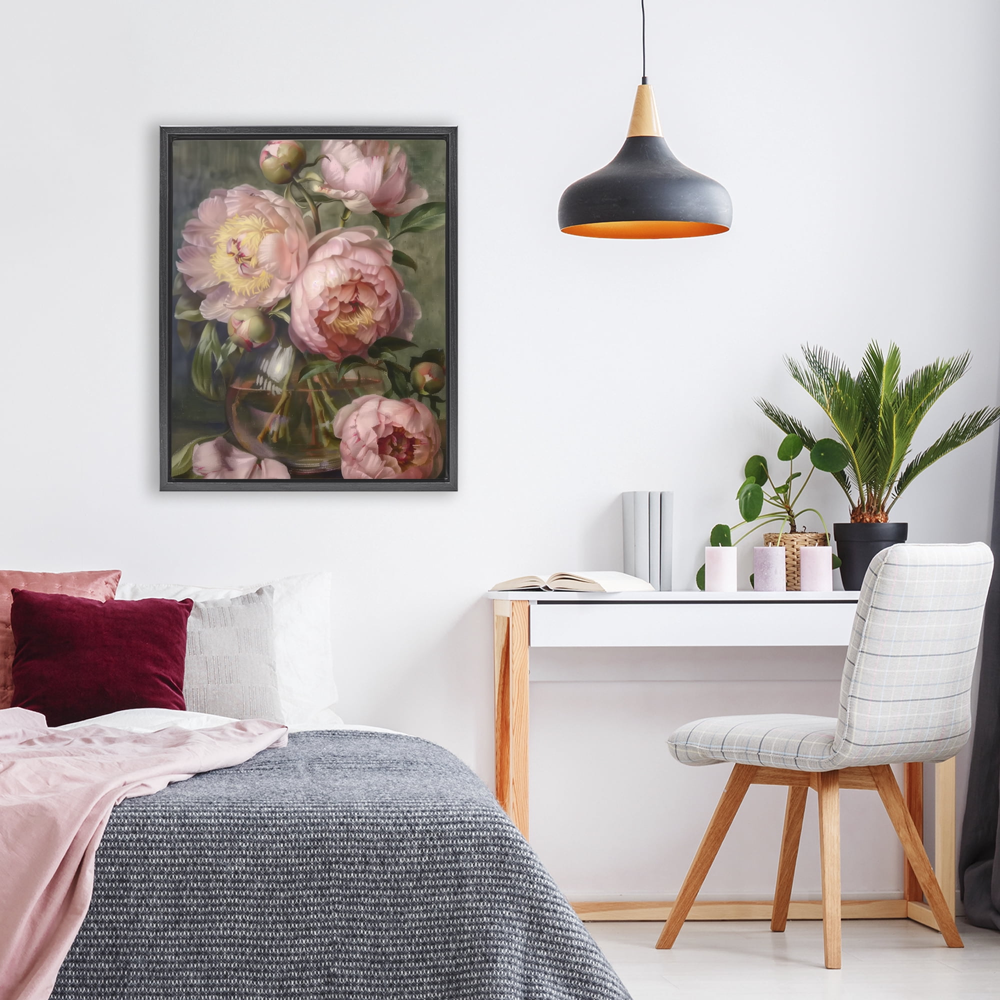 Stupell Industries Pink Peonies in Glass Vase Black Framed Floater Canvas Wall Art, design by LSR Design Studio