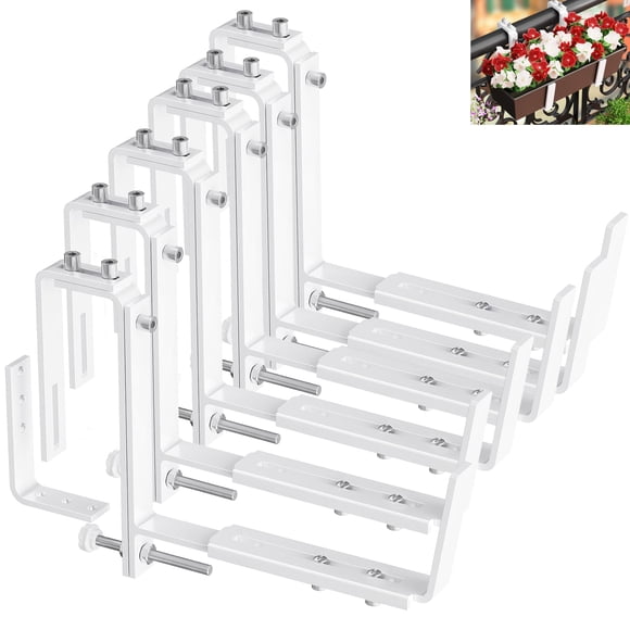 Y&M Adjustable Planter Box Brackets Brackets for Window Boxes Planters 6 Pack Universal Outdoor Hanging Brackets White Steel Mounting Durable Suitable for Fence Pergola Patio Garden Balcony