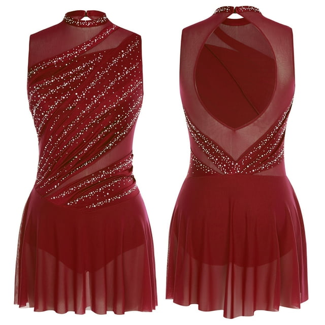 renvena Costume de Danse Lyrique Robe de Ballet Moderne Sans Manches avec Strass Contemporain Bourgogne TG