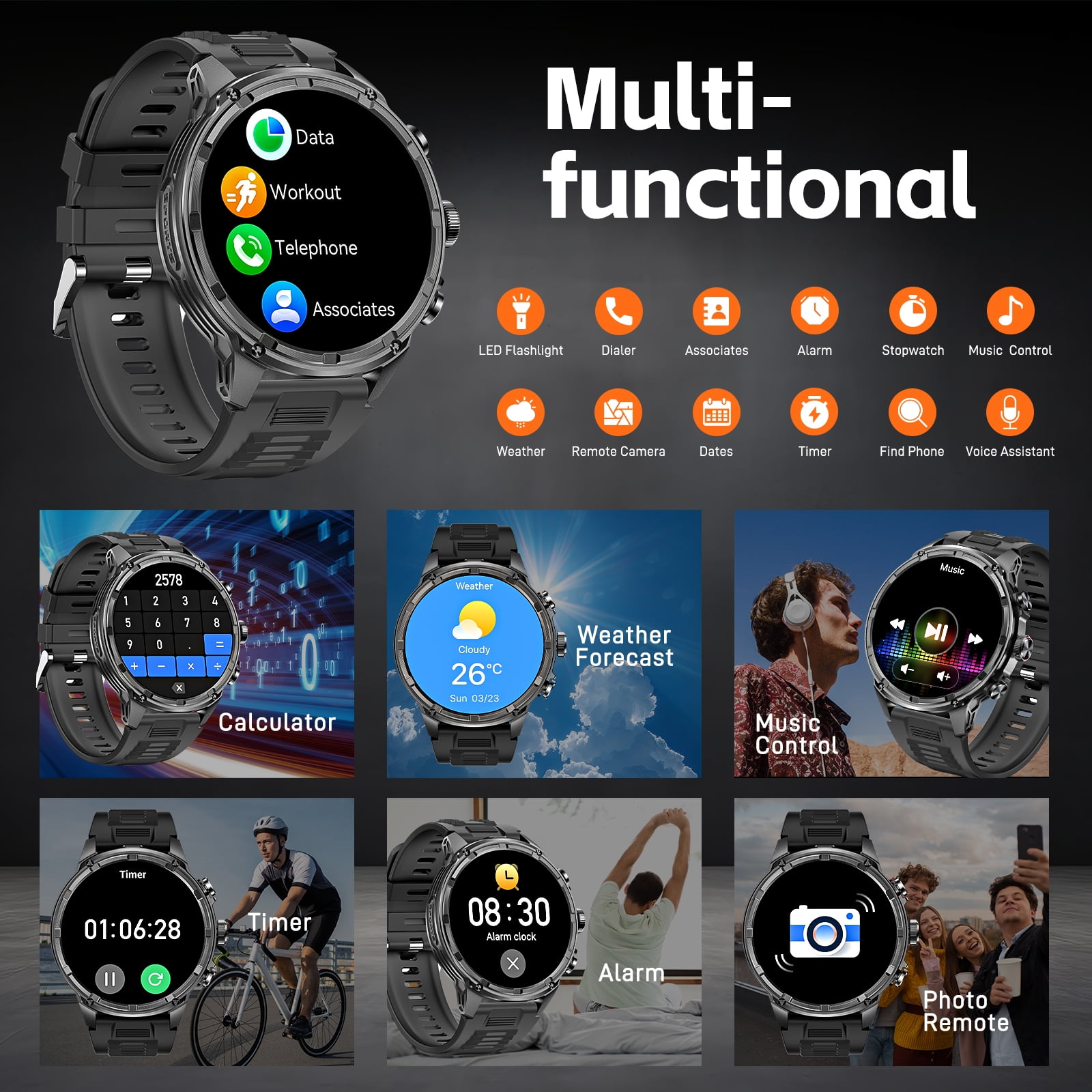 Cyberdyer Men's Smart Watch with Flashlight, 1.85" HD Screen, 100+ Sports Modes, IP67 Waterproof, 40-Day Standby, Compatible with iPhone & Android, Holiday Gift