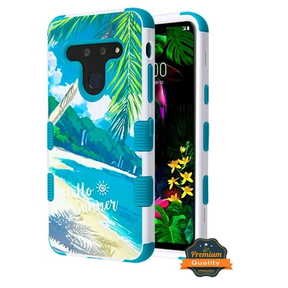 LG G8 ThinQ Phone Case Three Layers [Shock Absorbing] Heavy Duty Protection Tuff Hybrid Armor PC / TPU Soft Silicone Rubber Rugged Frame Case Palm Beach Tropical Blue Summer Cover for LG G8 Thinq