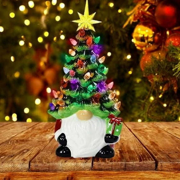 Gnome Christmas Decorations Ceramic Christmas Gnomes Tree 6.3 Inch Dwarf Ceramic Christmas Tree with 30 Kinds of Multi Color Lights Xmas Gift (Green) Green Green