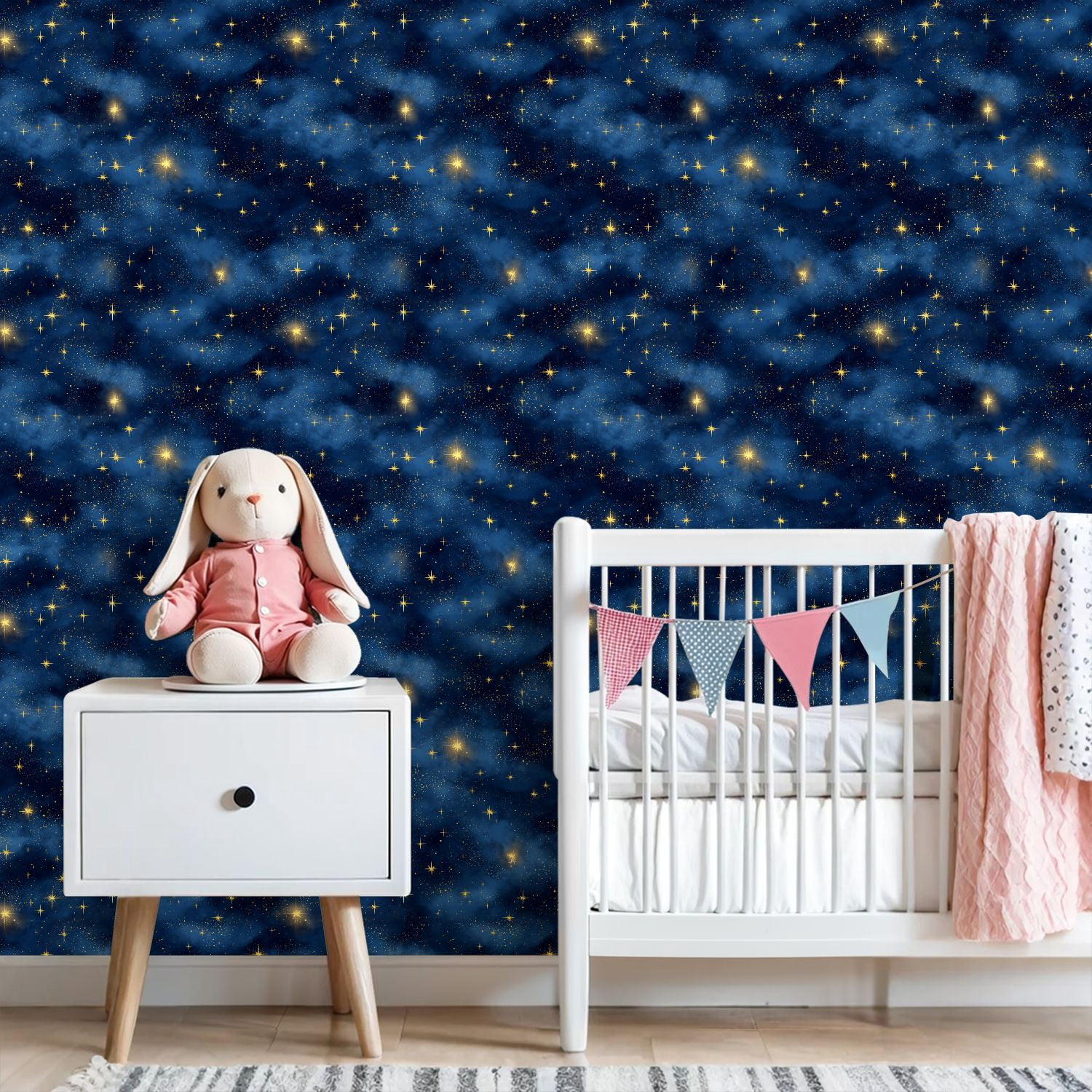 Peel and Stick Wallpaper Starry Night Sky Glowing Golden Stars Blue Nebula Clouds Wall Mural 23.6in x 9.8ft Self Adhesive Removable Wall Paper Renter Friendly Wallpaper for Nursery Bedroom