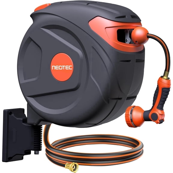 100 FT Retractable Garden Hose Reel, Wall Mounted Auto Slow Return Hose Reel with Any-Length Lock, 180° Swivel Bracket, Heavy Duty 1/2 Inch 3-Layer PVC Hose for Large Yard