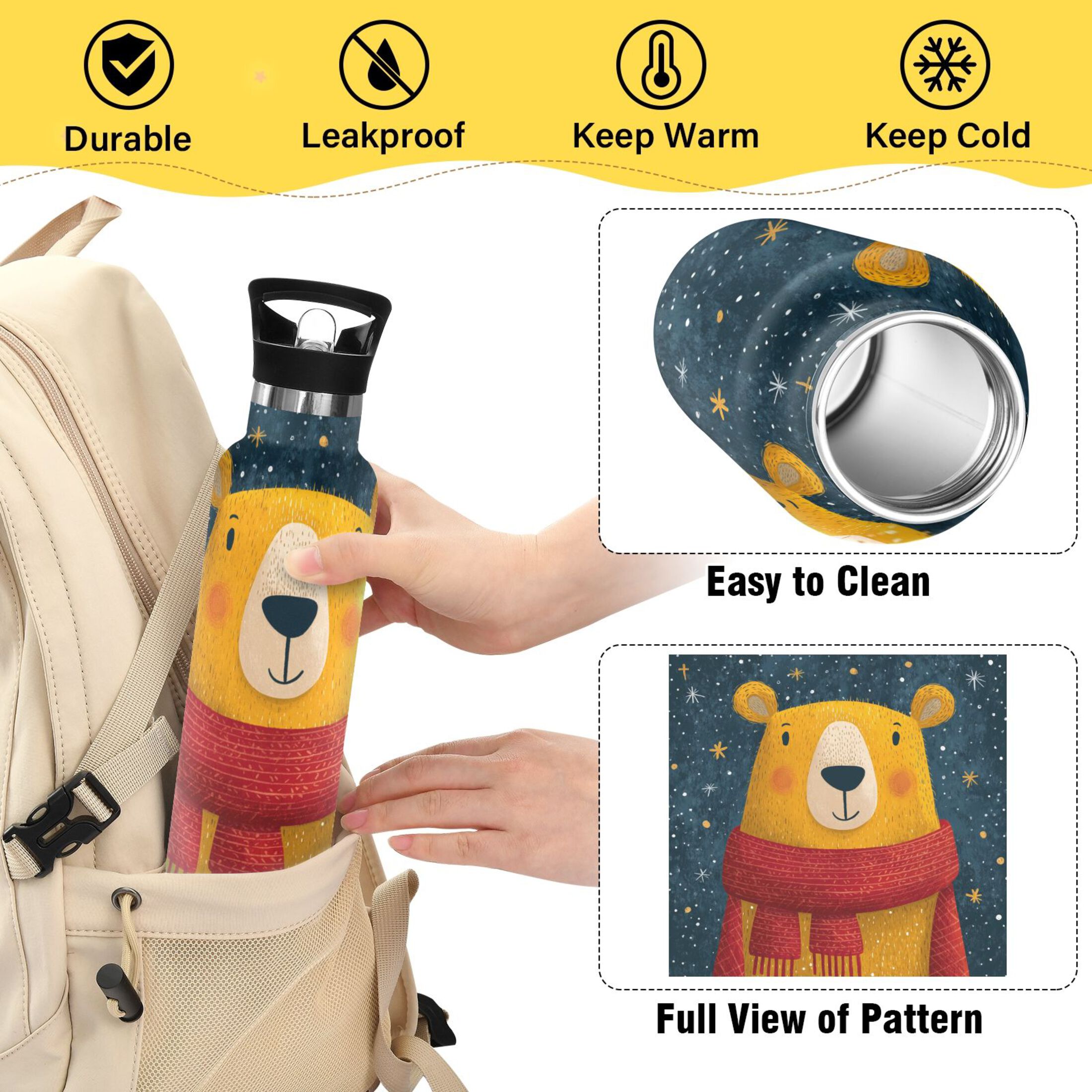 600ML Stainless Steel Insulated Cup Sports Water Bottle Portable Thermos Cup Water Glasses Insulated Tumblers Convenient and Durable Cartoon Christmas Yellow Bear