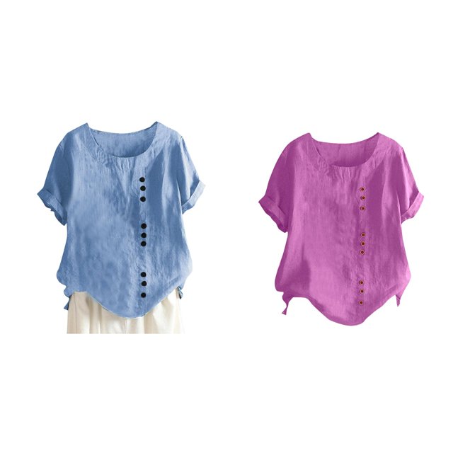 (Lot de 2) Rinsvye Hauts à Col Rond Unis pour Femmes, Ourlet Raglan, Tee-Shirt à Manches Longues, Fente, Manches Courtes, Décoration Boutonnée, Décontracté