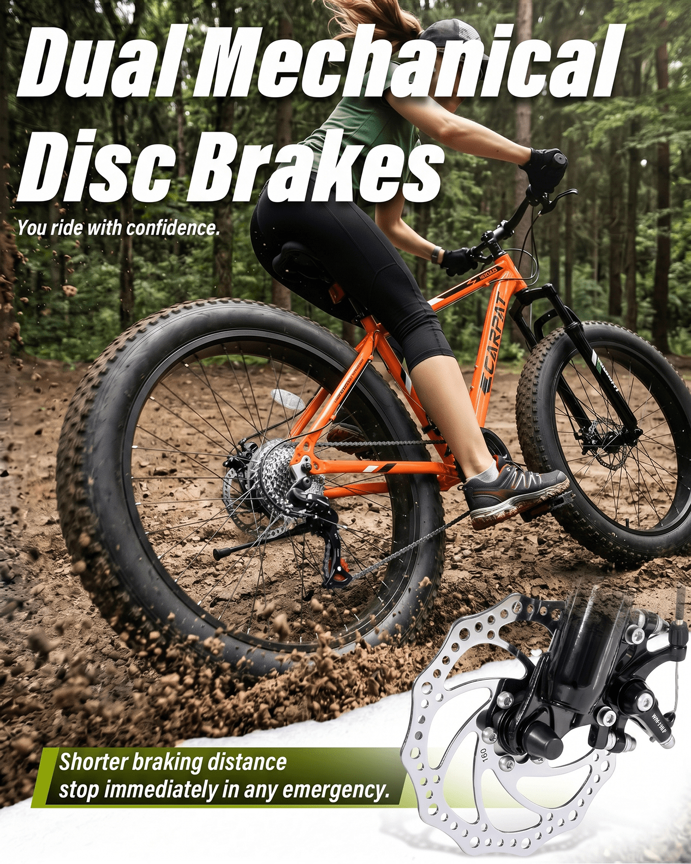 26 inch Fat Tire Mountain Bike for Adult, Outdoor Cycling Bike with 21-Speed for Men Women, High Carbon Steel Frame, Dual Disc Brake, 4 Inch Wide Tires, Front Suspension, Anti-Slip Bikes, Orange