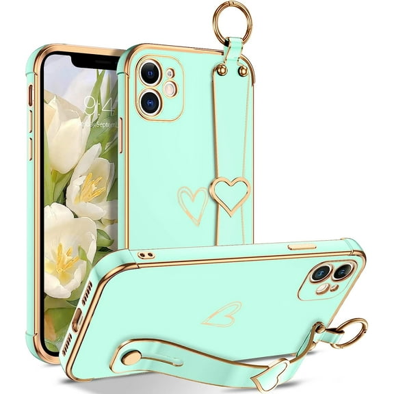 iPhone 11 Case, iPhone 11 Phone Case Love Heart Cute Case with Wristband Kickstand Holder Soft TPU Plating Bumper Protective Slim Shockproof iPhone 11 Phone Case for Girls Women, Mint Green