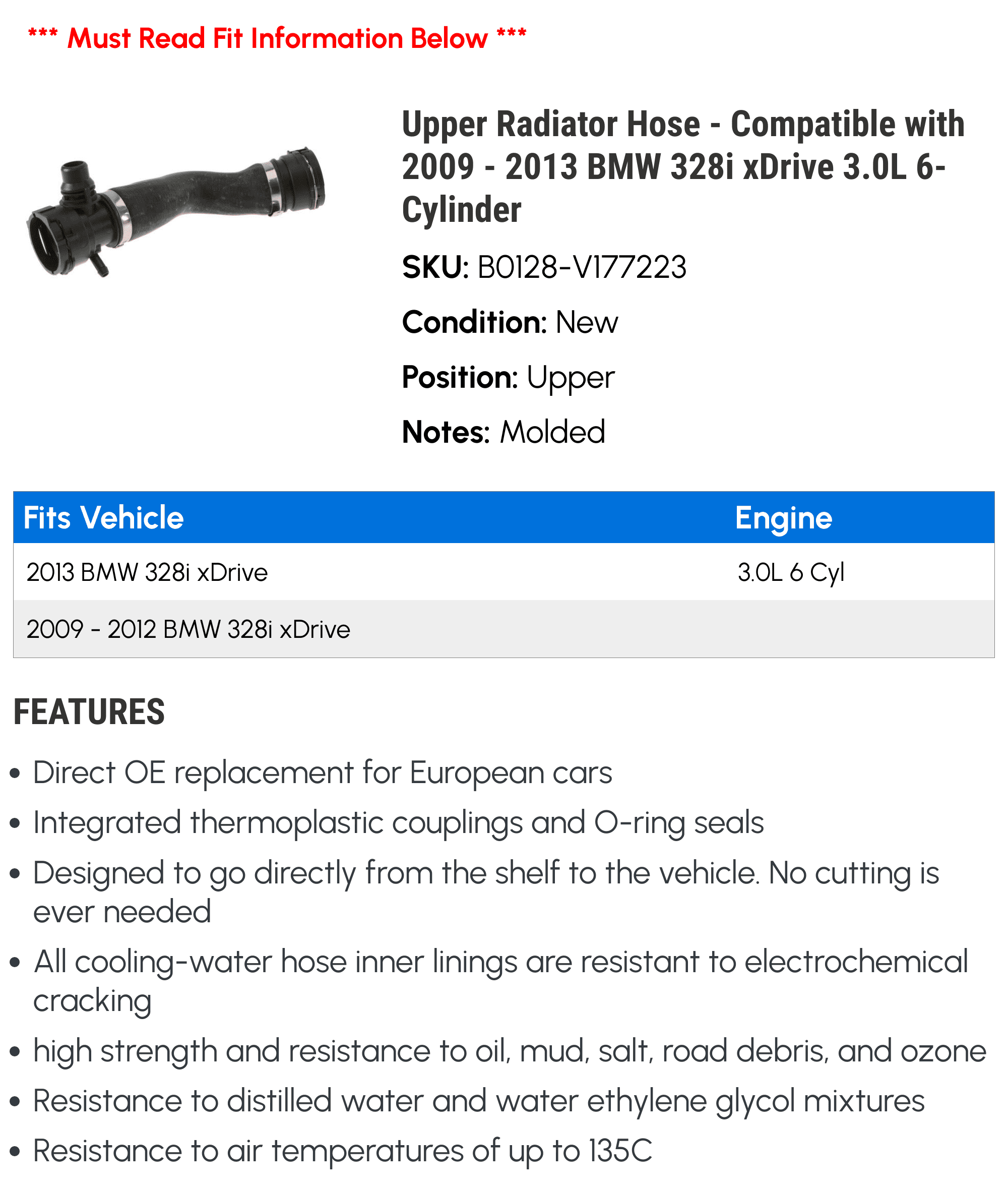 Upper Radiator Hose - Compatible with 2009 - 2013 BMW 328i xDrive 3.0L 6-Cylinder 2010 2011 2012