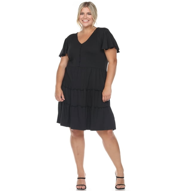 White Mark Women's Plus Size Short Sleeve V-Neck Tiered Dress
