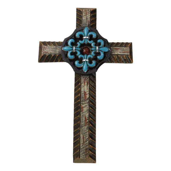Southwestern Turquoise Fleur De Lis French Lily Faux Wooden Wall Cross Plaque