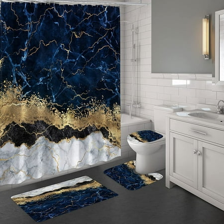 Navy Blue Marble Shower Curtain Sets, Dark Blue And Gold Shower Curtain
