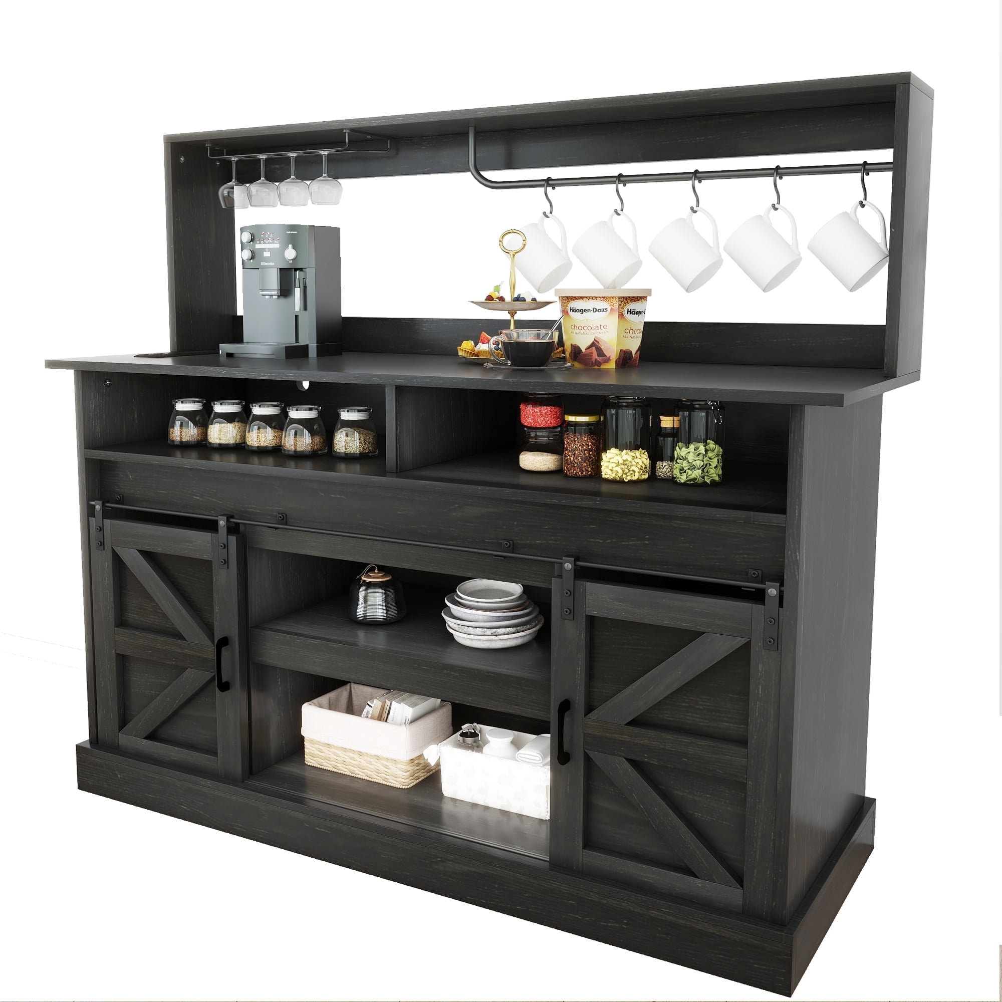 Uforic 52" Farmhouse Wine Cabinet, Sliding Barn Door Sideboard with Power Outlets & Goblet Holder (Black Oak)