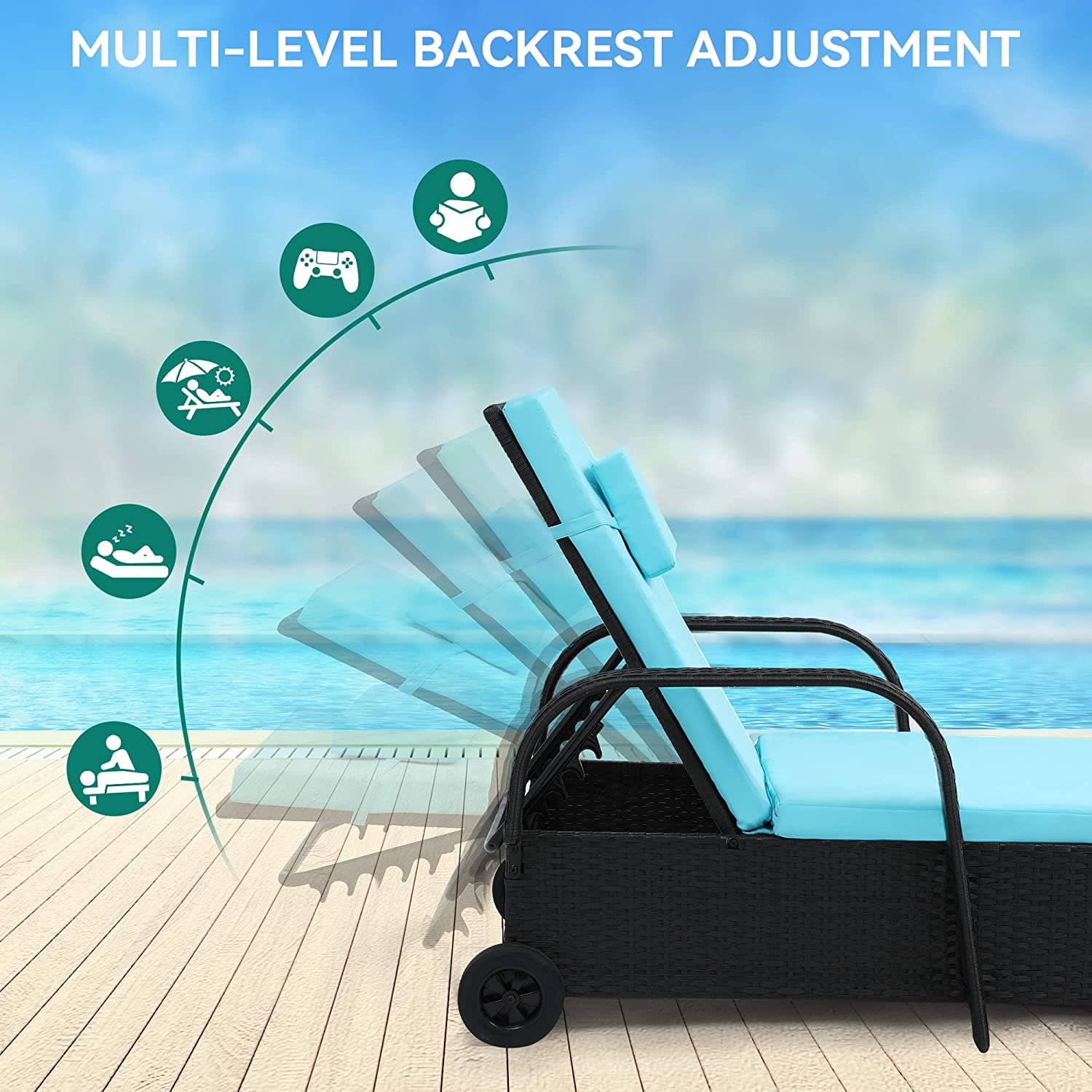 Dextrus Outdoor Chaise Lounge Storage Chair, Rattan Wicker Patio Pool Lounger with Adjustable Backrest, Arm, Cushion, Pillow and Wheel for Poolside Backyard Porch Garden Beach