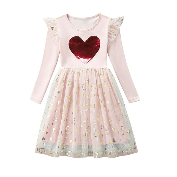 Odeerbi Vestido de Tul Con Lentejuelas Brillante Para Niños Vestido de Manga Larga Con Estampado de Corazones Vestido de Malla de Colores Sólidos