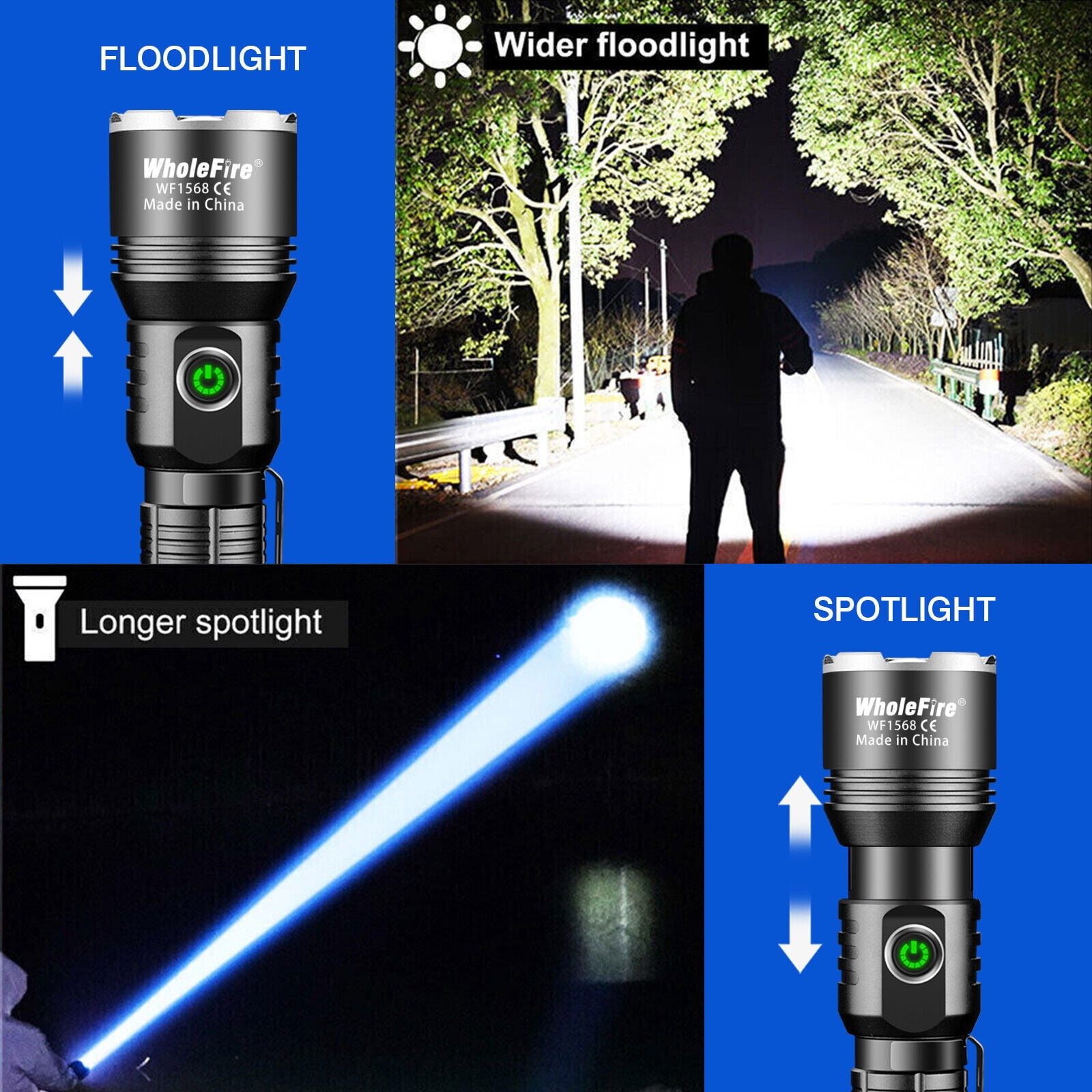 15W LED Rechargeable Flashlight Adjustable Focus Flashlights Waterproof Flash Light with Battery for Emergencies Camping