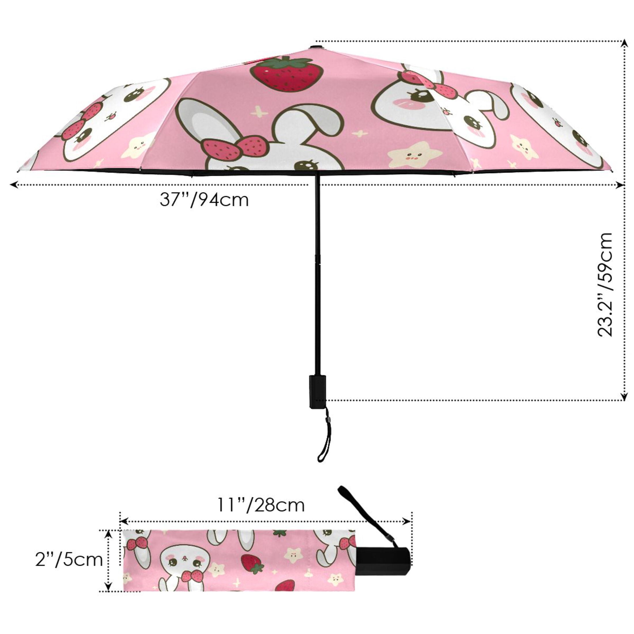 Cute Rabbit Head with Strawberry Compact Sun Umbrella Windproof Travel Umbrellas for Rain Strong Portable UV Protection