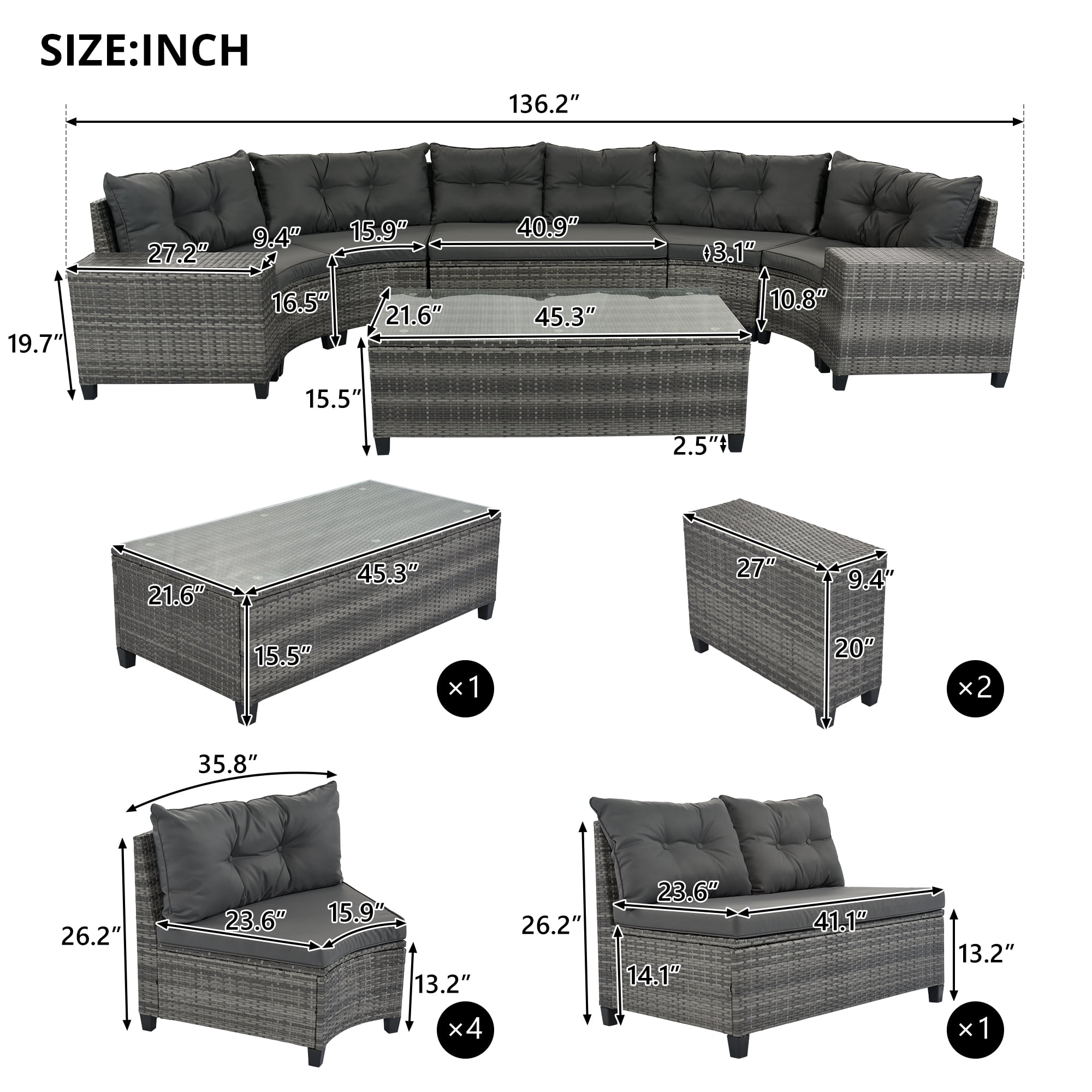 Weather-Resistant 8-Piece Curved Half-Moon Outdoor Wicker Sectional Sofa Set with Rectangular Coffee Table and 2 Side Tables, PE Rattan Cushions for Patio Garden Deck, Gray