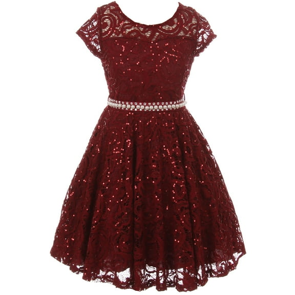 Little Girls Short Sleeve Lace Glitter Skater Pearl Belt Special Occasion Flower Girl Dress Burgundy 2 (J21KS02)