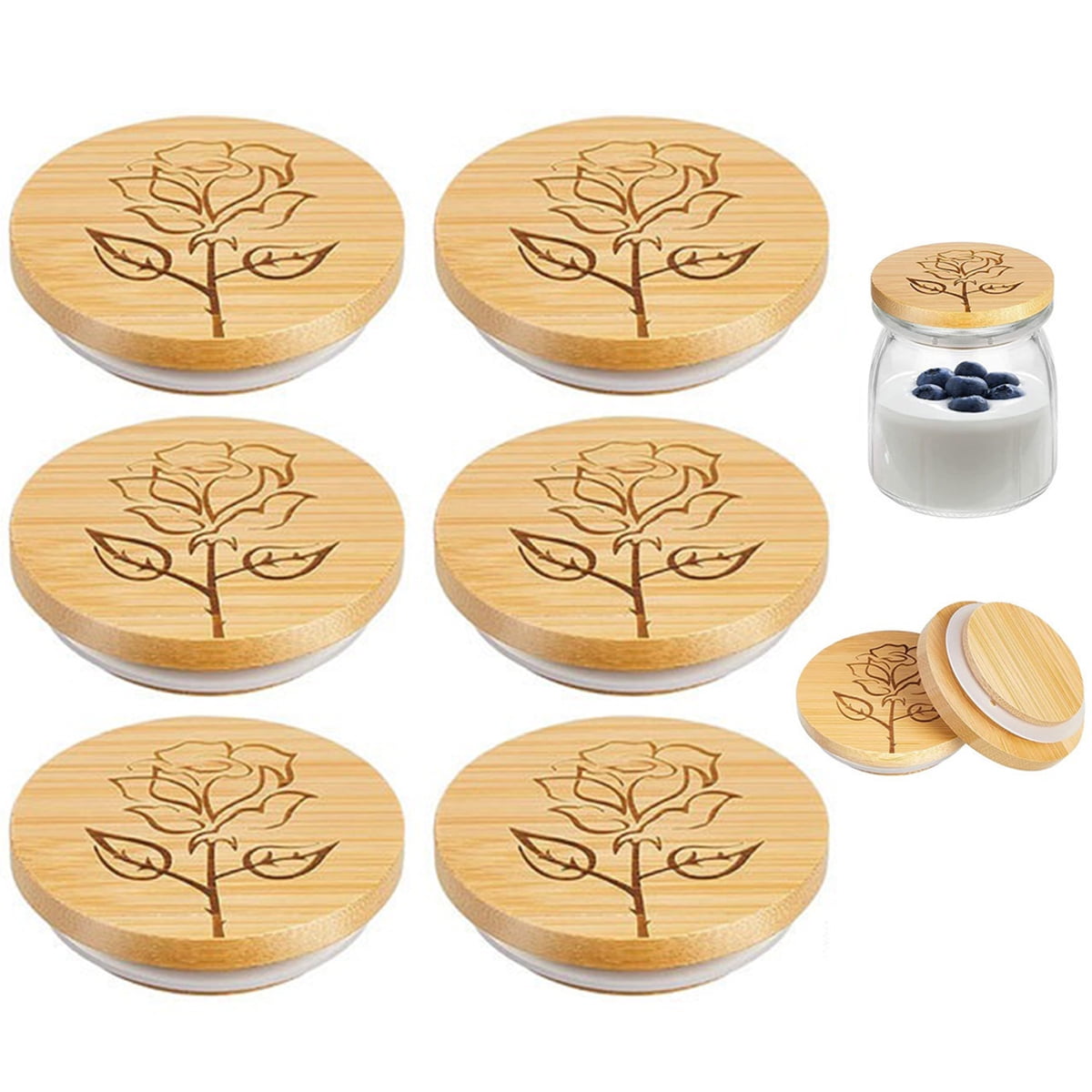 Oui Yogurt Jar Lids 12 Pack, Bamboo Lids that Fit Oui Yogurt Jars, Oui Lids  with Silicone Sealing Rings and Leaves Pattern for Perfect Sealing, Re-Use