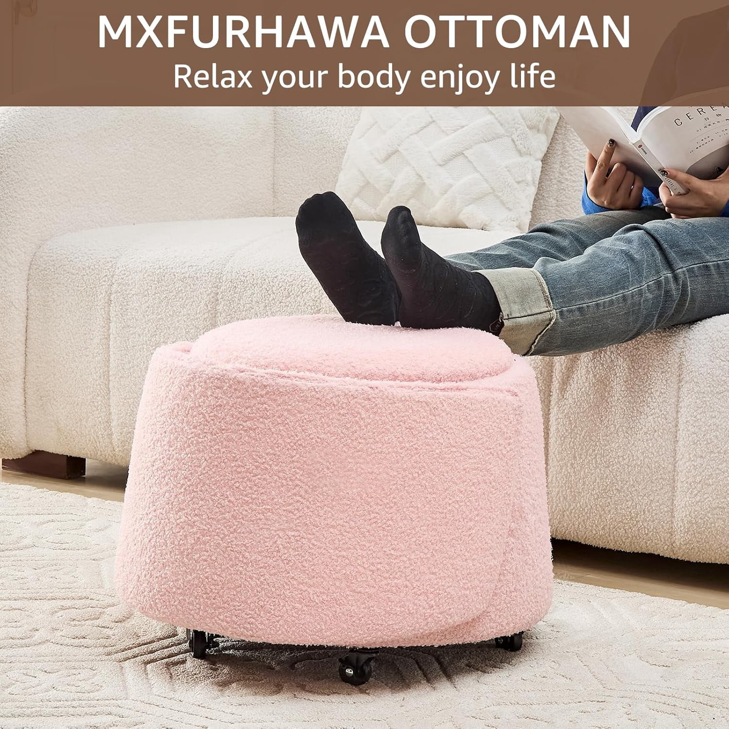 Mxfurhawa Modern Velvet Storage Ottoman – Vanity Stool with Backrest & 5 Rolling Wheels, Small Footstool for Makeup, Bedroom, or Extra Seating (Pink)