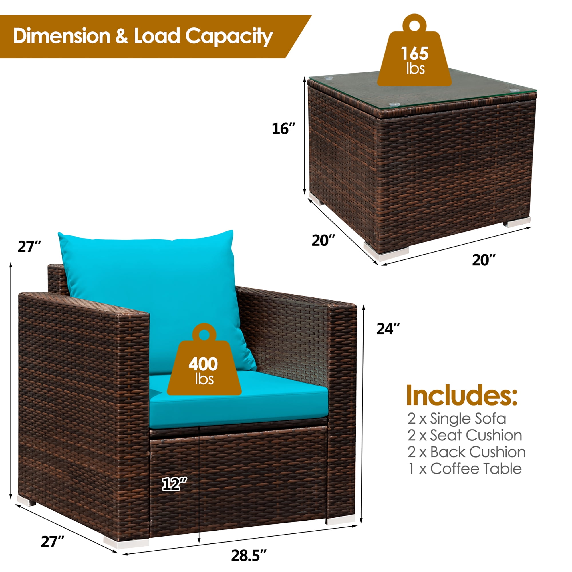 Costway 3PCS Patio Rattan Furniture Set Conversation Sofa Cushioned Turquoise