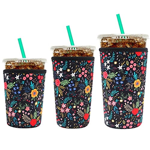 Reusable Neoprene Insulator Sleeve for Iced Coffee Cups,3 Pack Coffee Coolies sleeves for Iced & Hot Drinks,Cold Beverage Cooler Compatible with Starbucks Coffee and More (Little Flower)