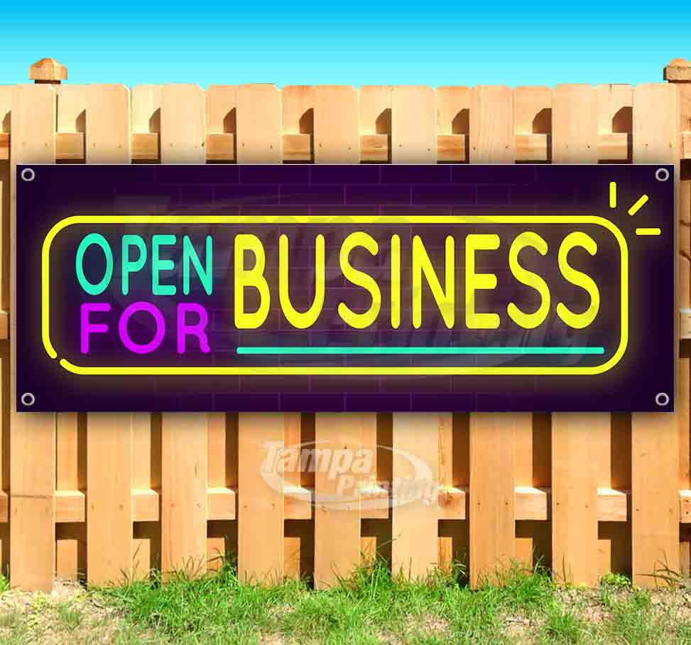 Neon Open for Business 13 oz Banner Heavy-Duty Vinyl Single-Sided with Metal Grommets