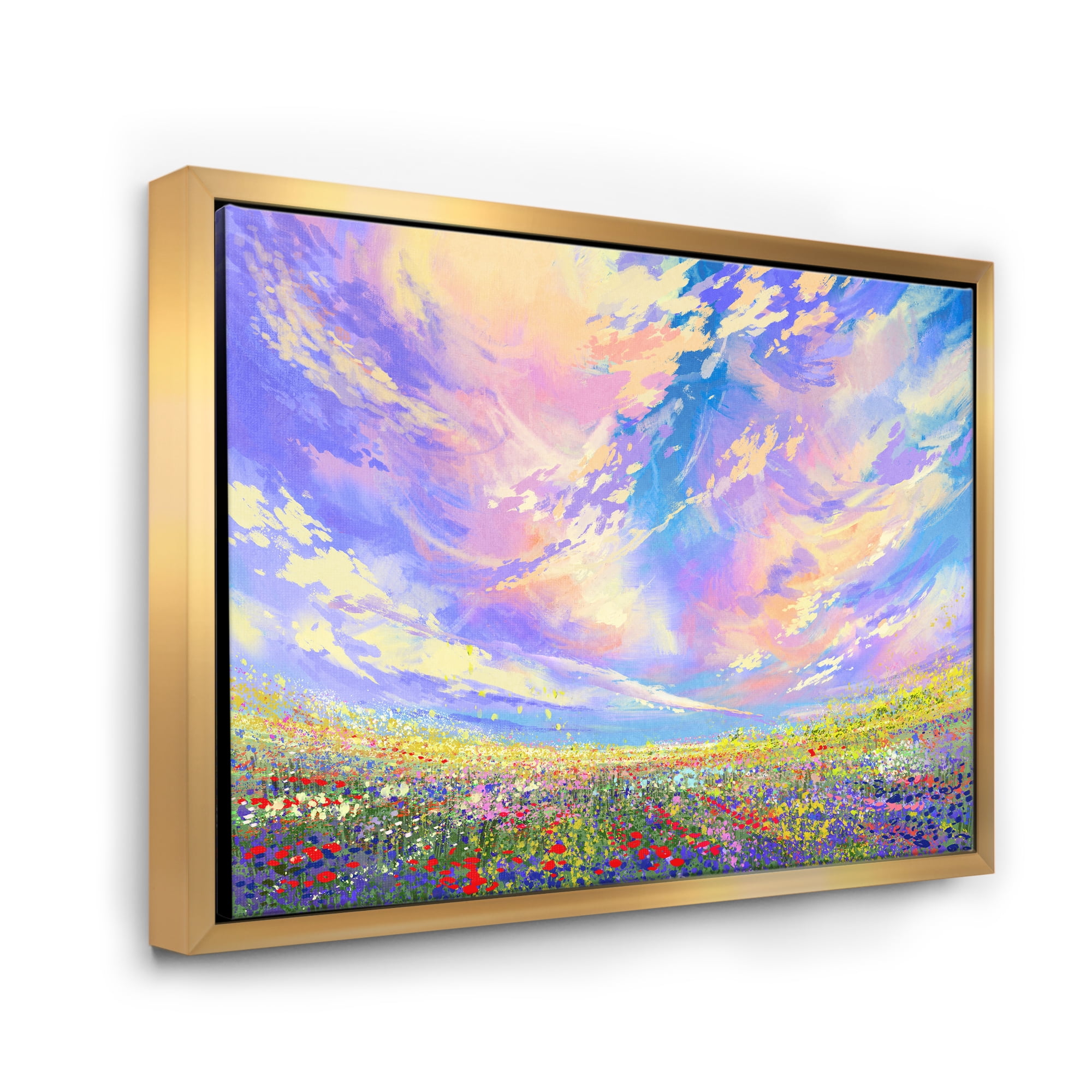 Designart 'Gorgeous Clouds Over Colorful Flowers In Field' Traditional Framed Canvas Wall Art Print